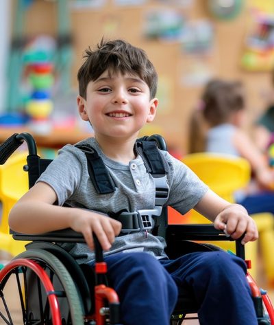 Junge im Rollstuhl in einer Schule oder Betreuungseinrichtung als Beispiel für Kinderhilfsmittel bei Saniplus Baunatal