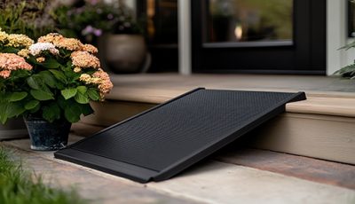 Rollstuhlrampe am Hauseingang für barrierefreien Zugang bei Saniplus Baunatal